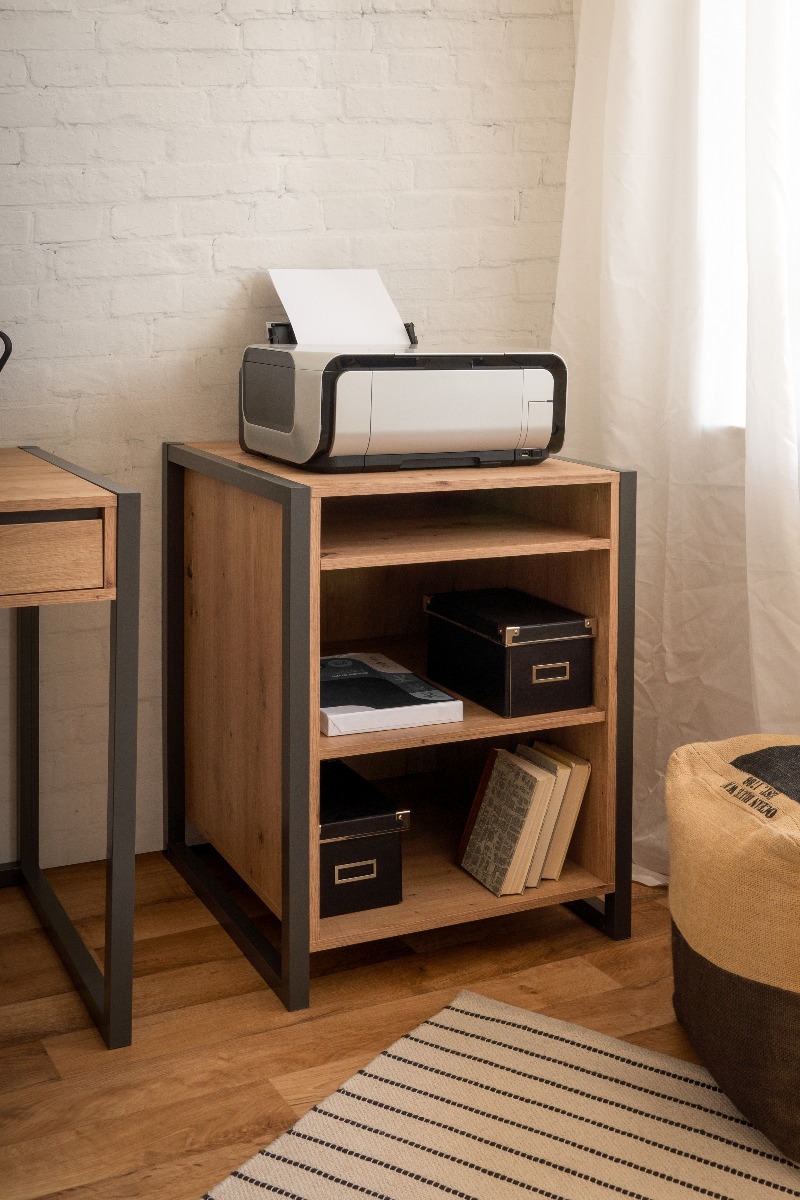 Libreria con vano a giorno multiuso in finitura rovere nodato e antracite