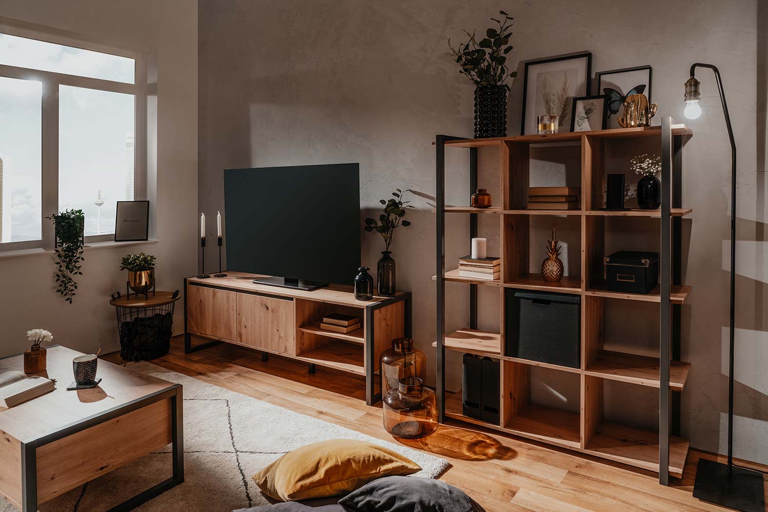 Soggiorno moderno stile Industry in finitura Antracite e Rovere nodato 