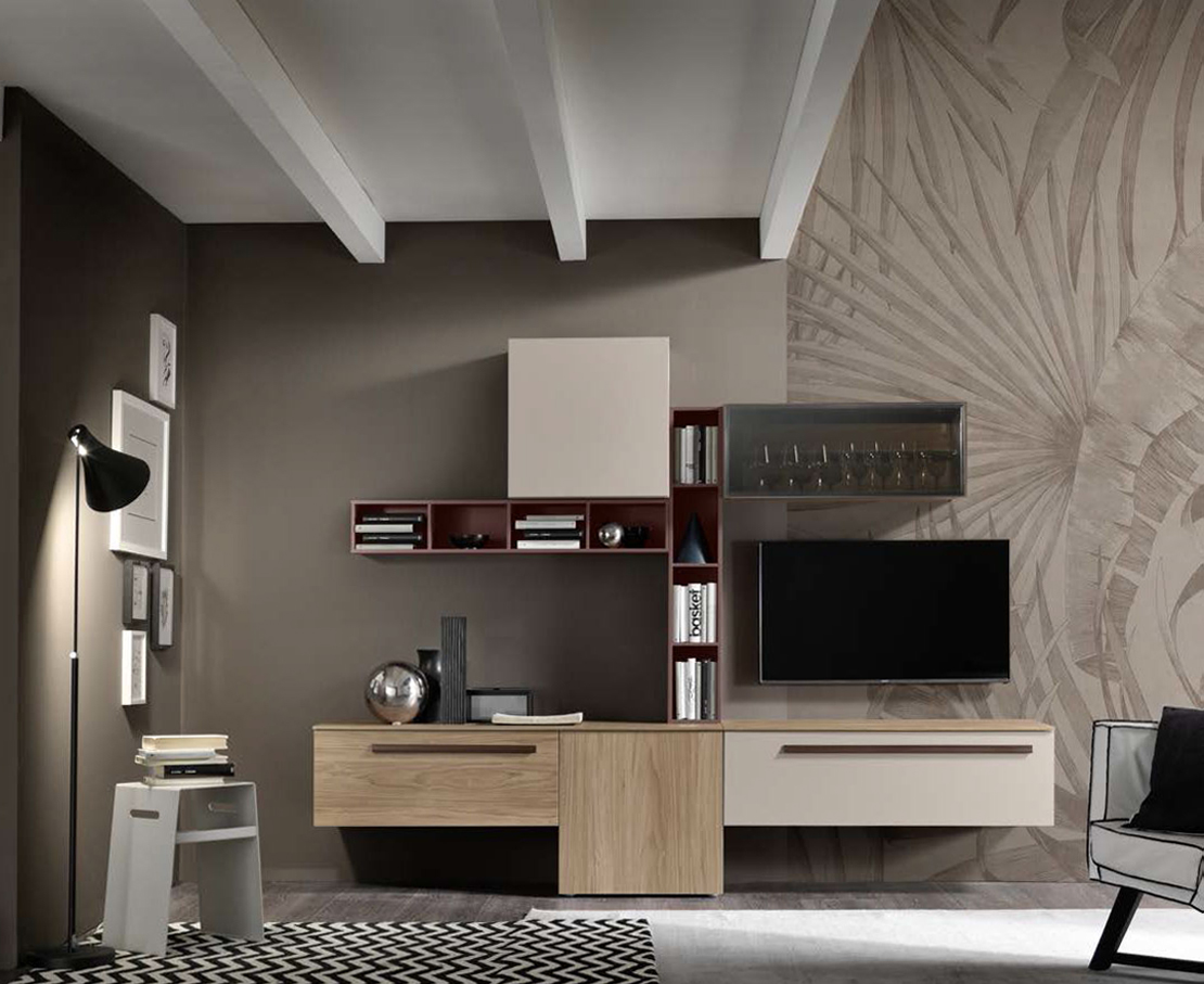 Parete attrezzata moderna Nyasa in finitura Cachemire, Noce naturale e Rosso siena 