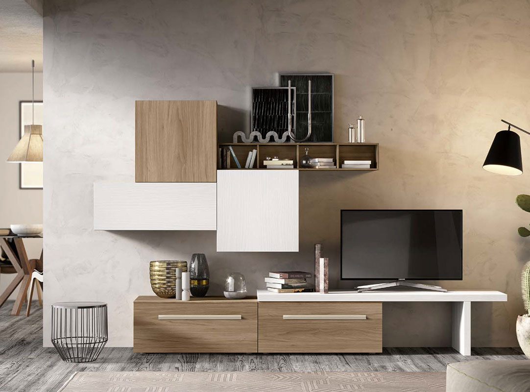 Parete attrezzata moderna Baikal in finitura Noce bianco e Noce naturale