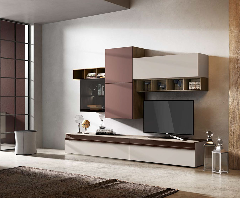 Parete attrezzata moderna Liyu in finitura Cachemire, Noce naturale e Rosso siena 