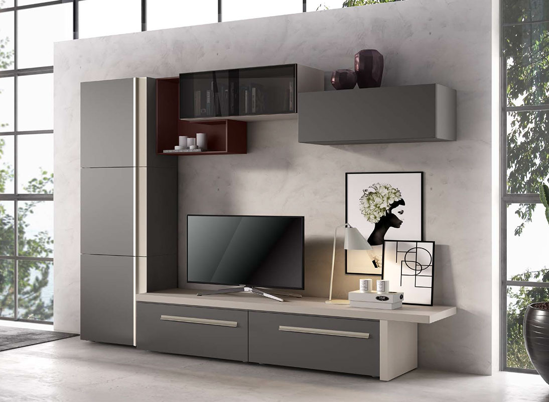 Parete attrezzata moderna Almaty in finitura Cachemire, Grigio londra e Rosso siena 