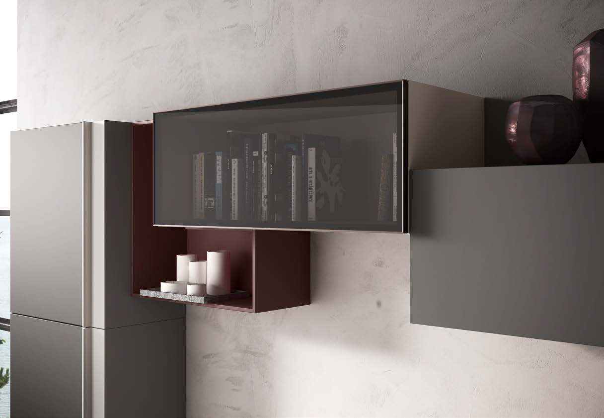 Parete attrezzata moderna Almaty in finitura Cachemire, Grigio londra e Rosso siena 