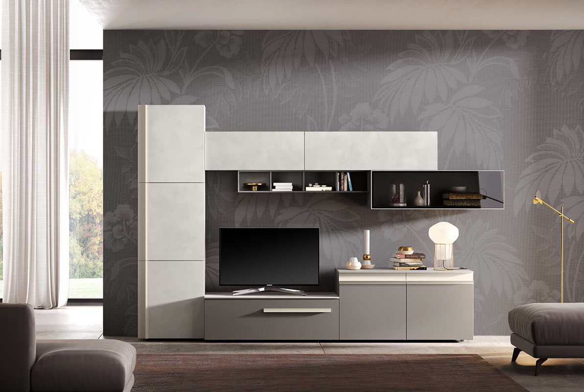 Parete attrezzata moderna Emerald  in finitura Cachemire, Grigio londra e Calce