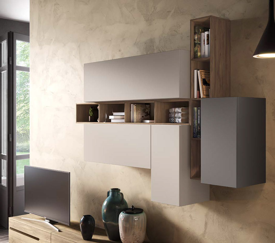 Parete attrezzata moderna Powell in finitura Cachemire, Grigio londra e Noce naturale