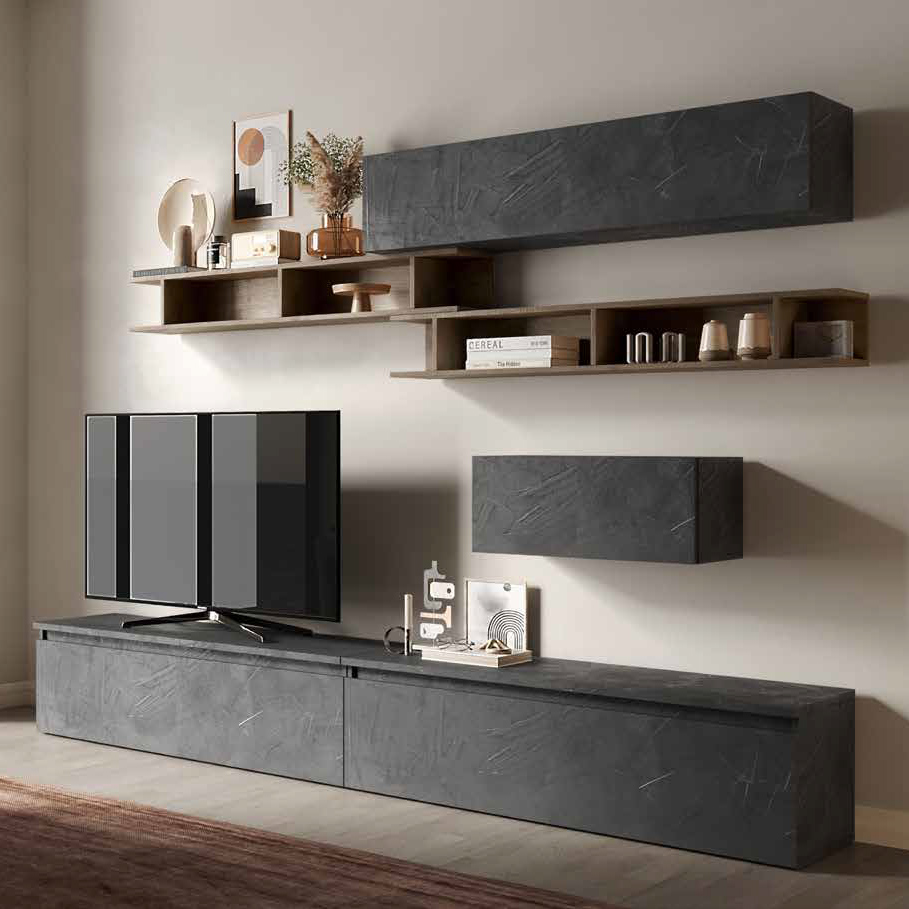 Mobili Parete attrezzata Soggiorno moderna, finitura Piombo