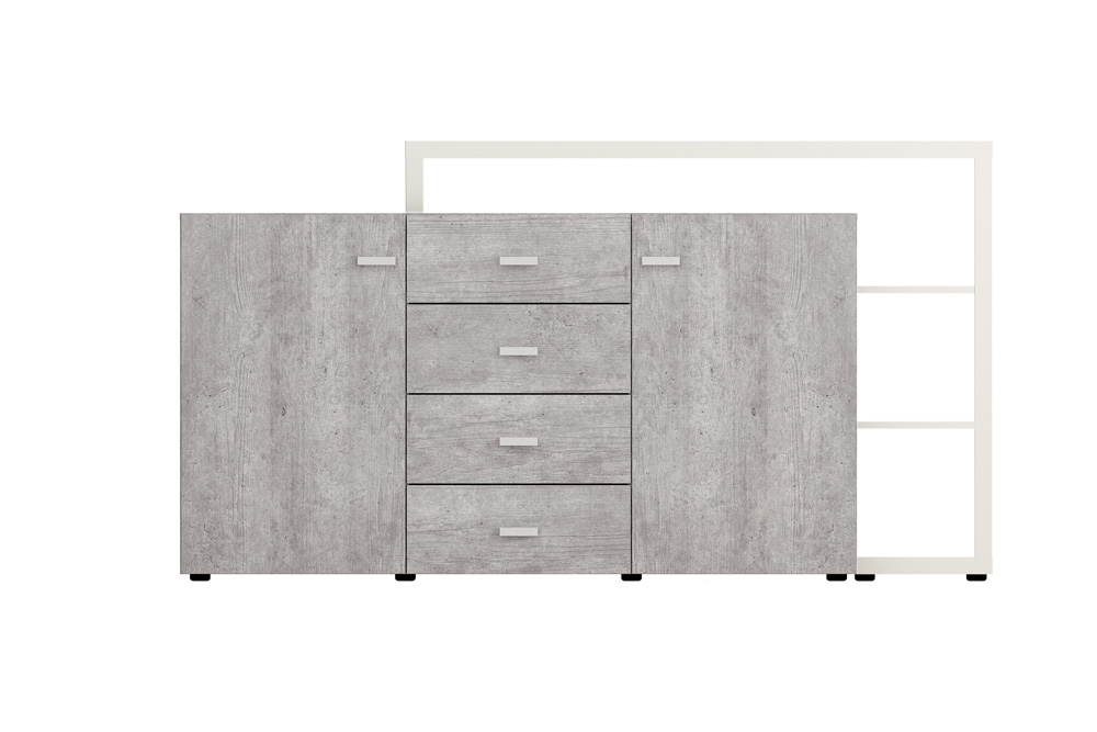 Credenza L.180 cm 2 ante e 4 cassetti, finitura bianco opaco e grigio cemento 