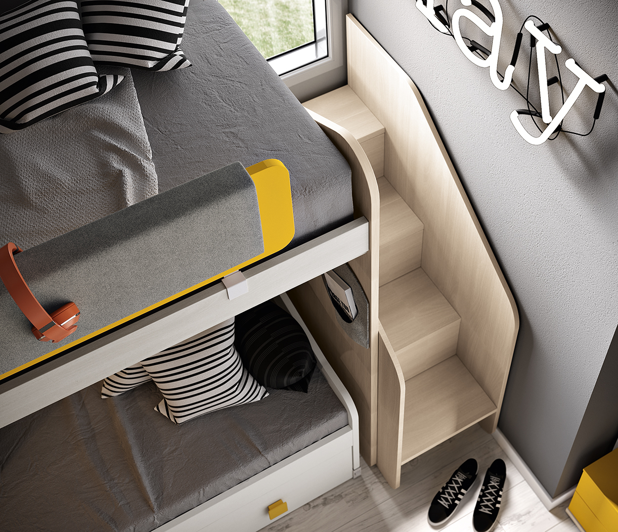 Cameretta con letto a castello e armadio angolare in Girasole e Bianco frassino