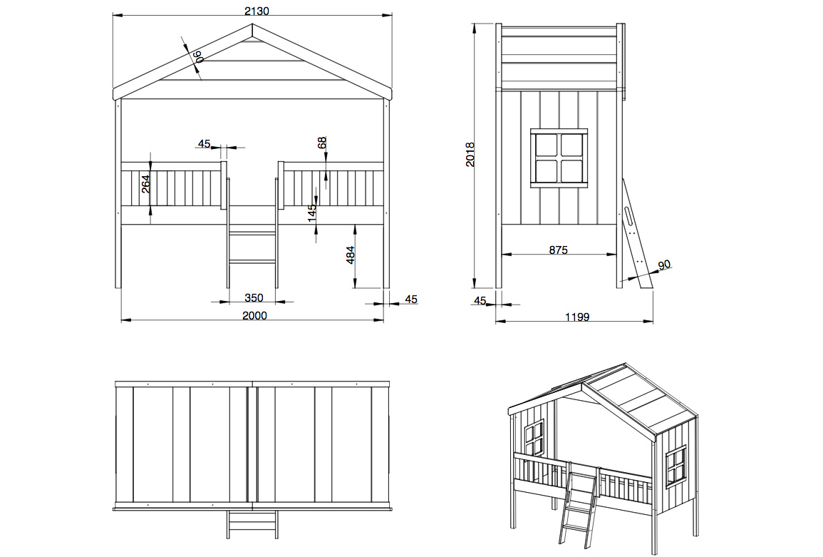 Letto a casetta con finestre per bambini, bianco laccato