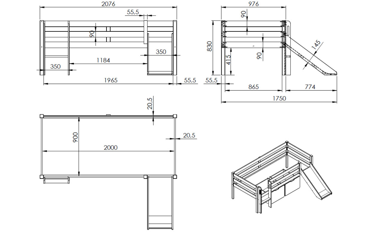 Camerette con scivolo, lettino per bambini con scivolo, Grigio laccato