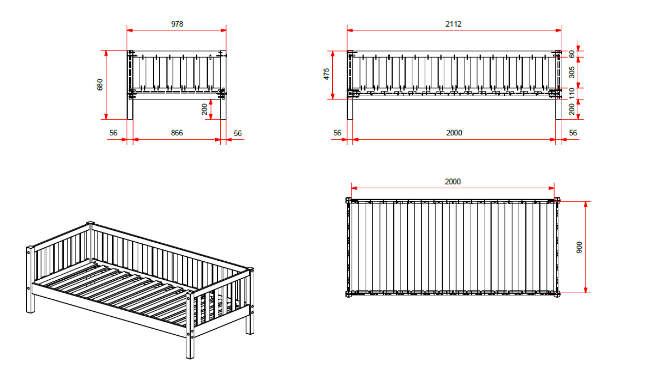Letto singolo in pino massello, disponibile in due finiture