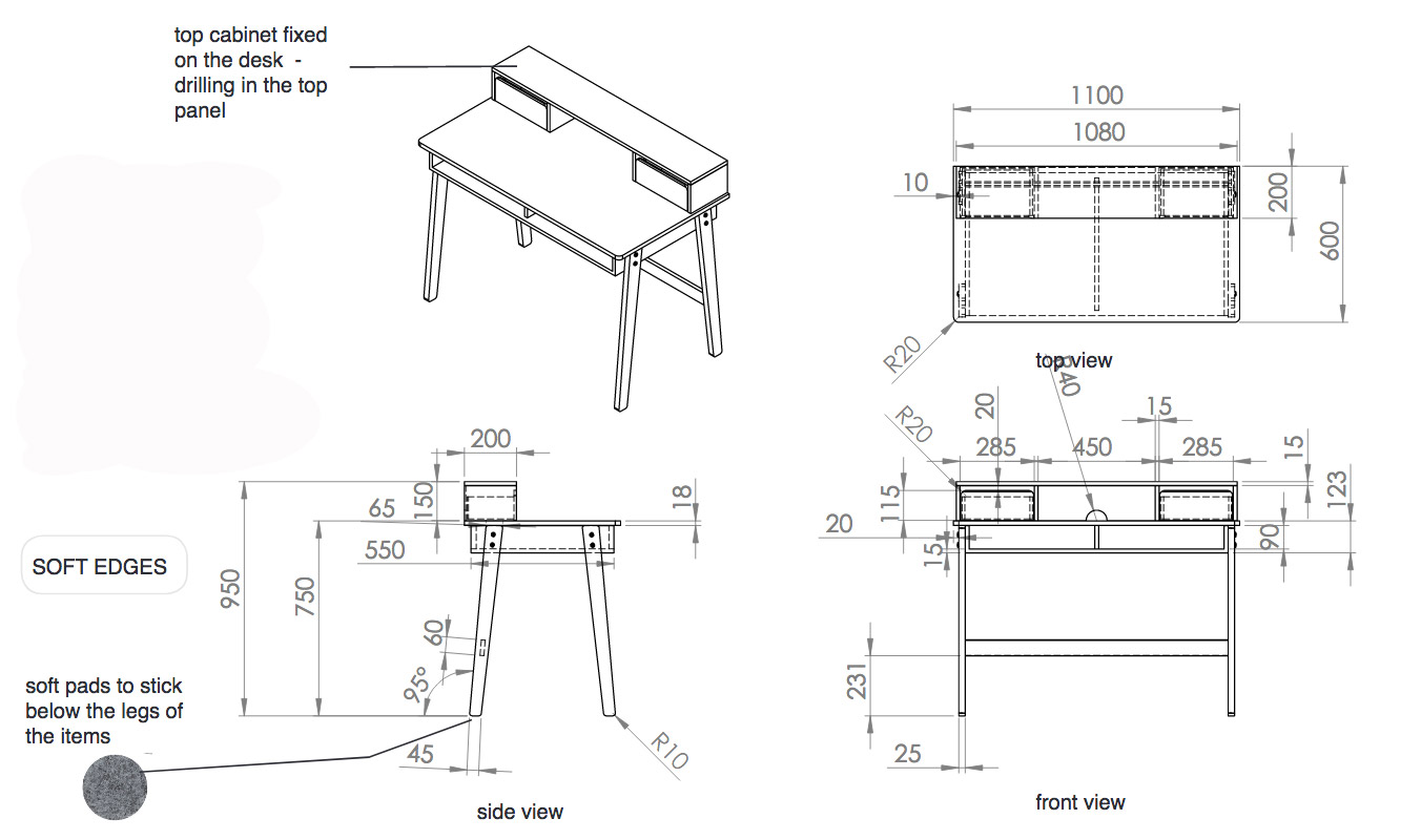 Scrivania in stile nordico con cassetti bianca laccata con gambe in pino massello