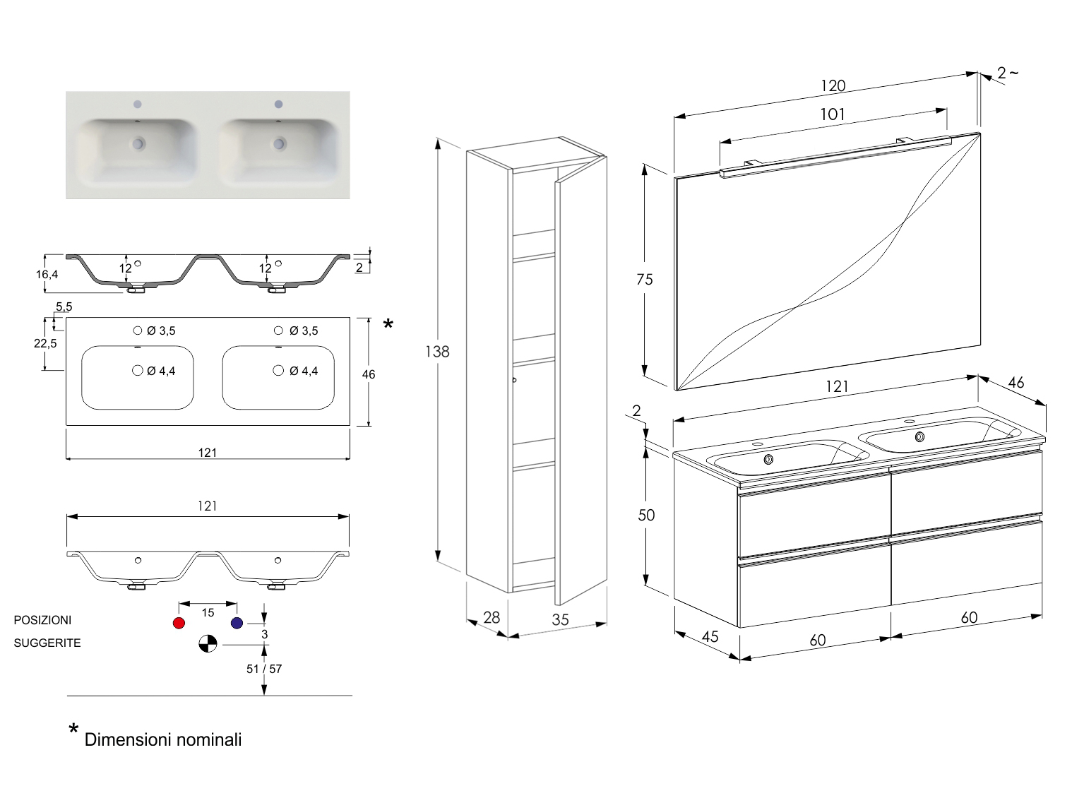 Arredo bagno completo, mobile con con lavabo integrato e 4 cassetti, Havasu 16