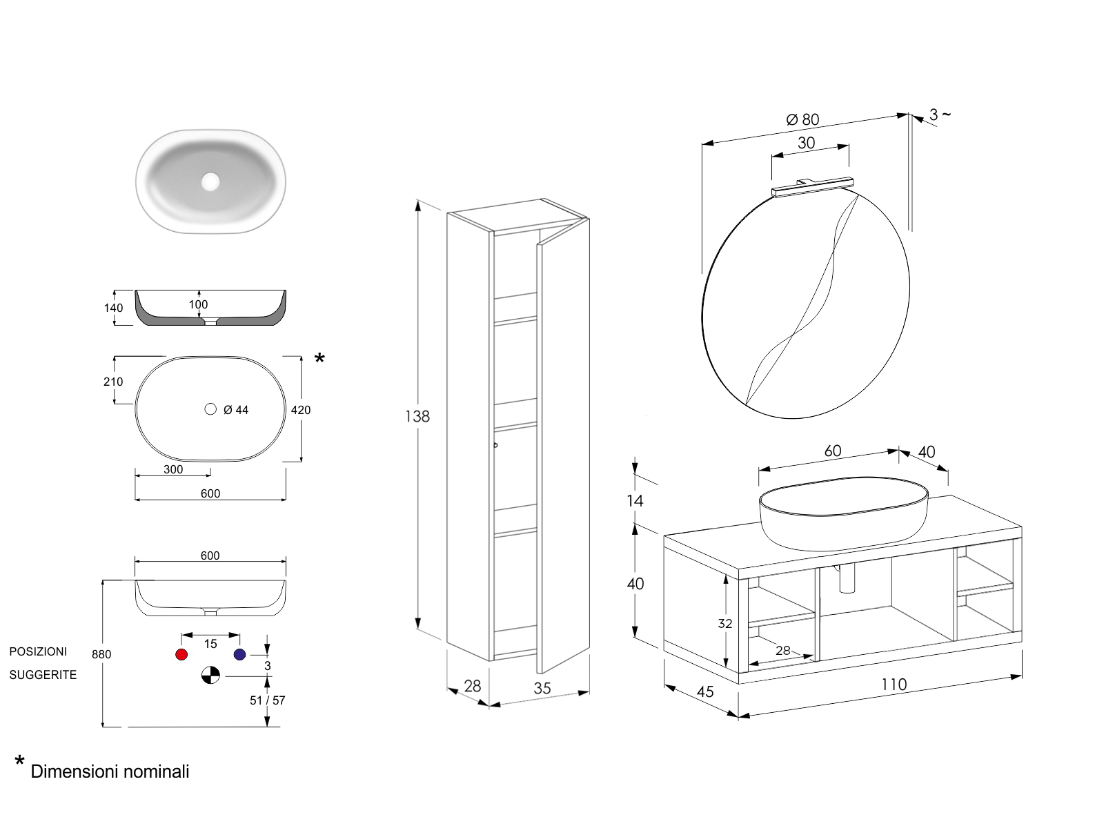 Mobile sospeso da bagno con 2 ripiani Niagara 3 Bis