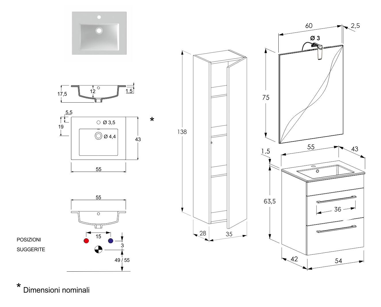 Mobile da bagno sospeso con lavabo integrato, Jog 1 Bis