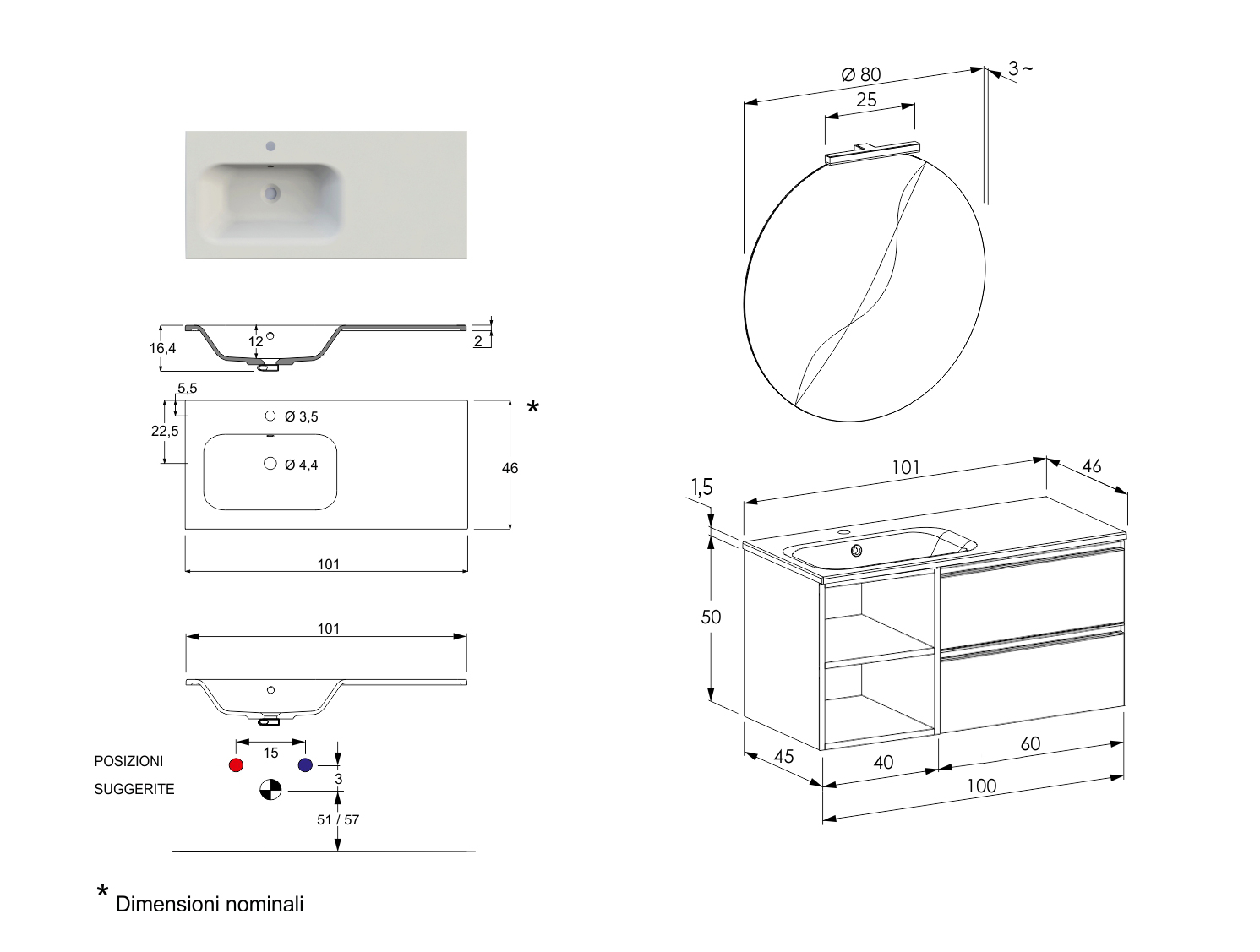 Mobile del bagno con lavabo integrato, 2 cassetti, Havasu 8