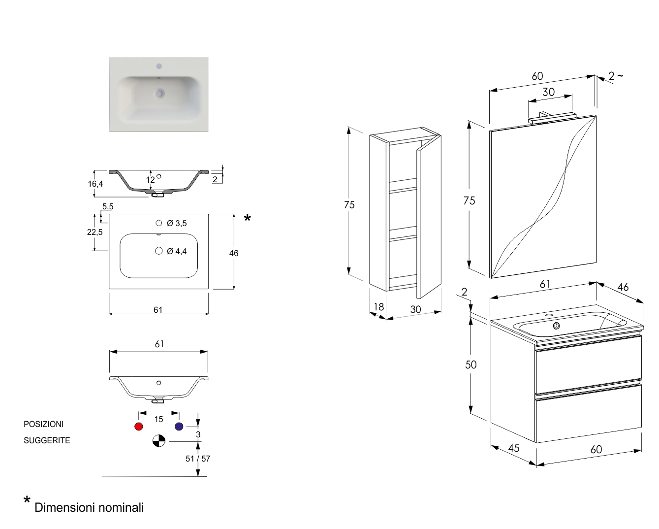 Mobiletto da bagno sospeso con lavabo integrato, Havasu 26