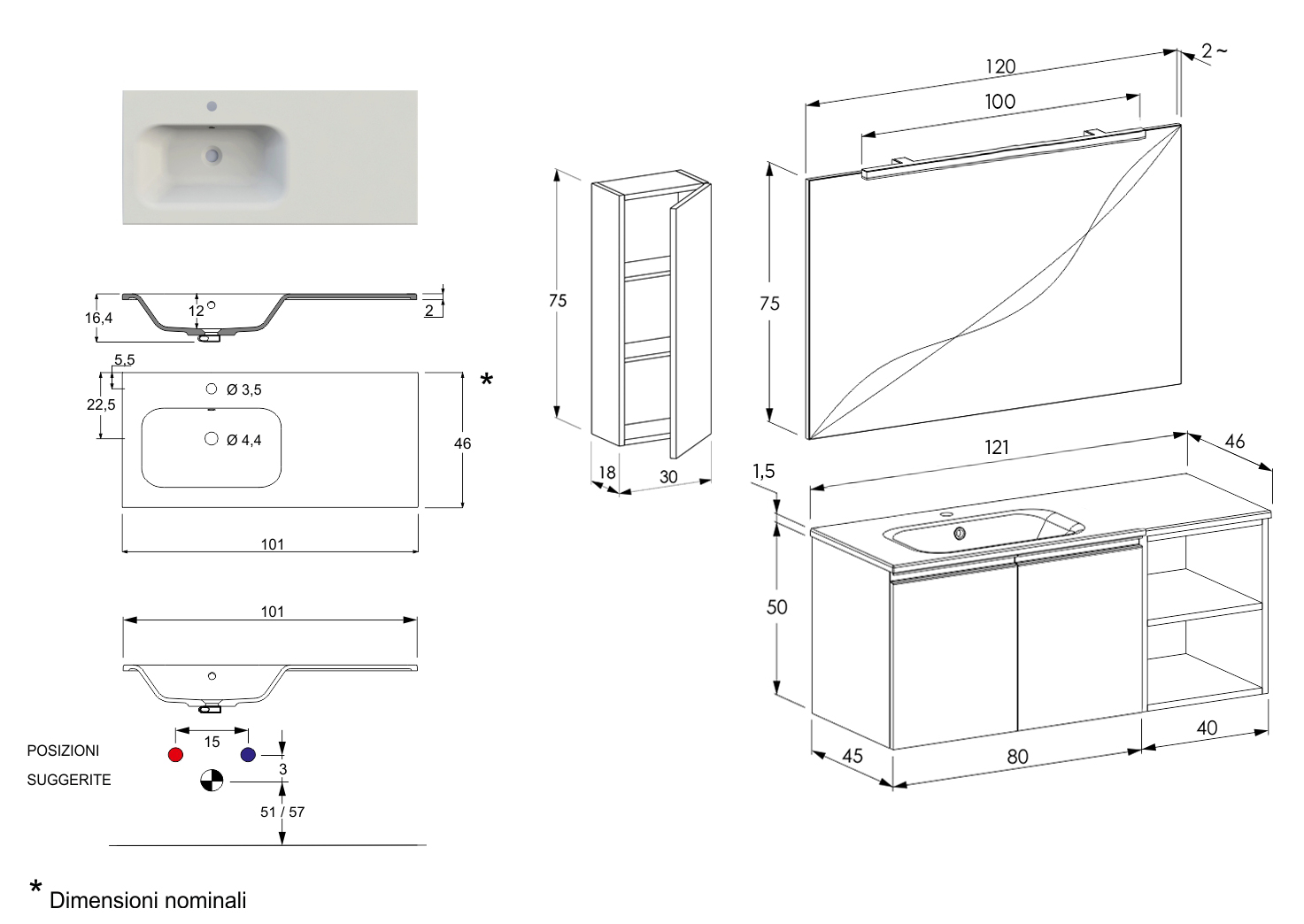 Mobili bagno in offerta, mobile sospeso con lavabo integrato, Havasu 4