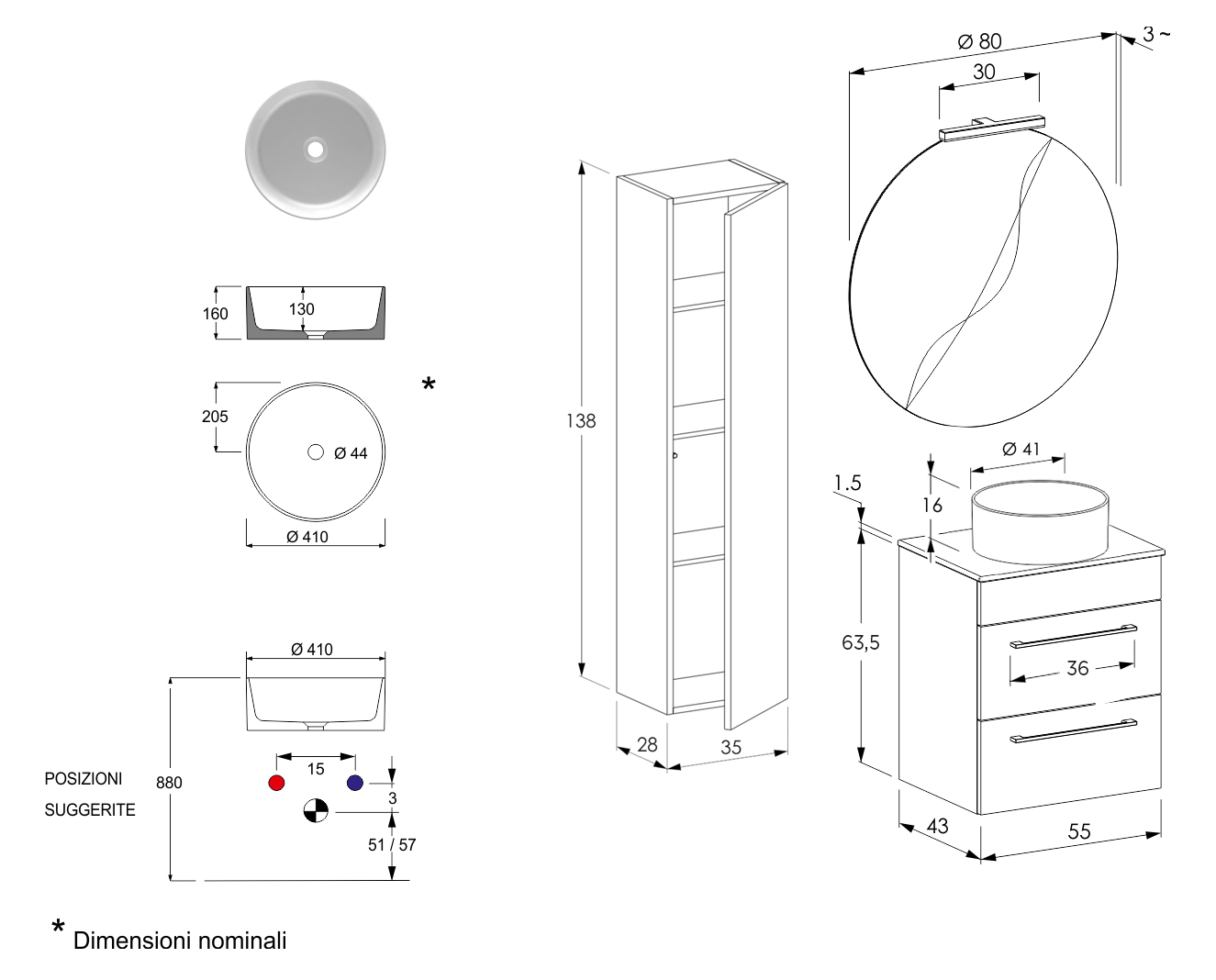 Cassettiere bagno moderne, mobile con 2 cassetti, Jog 1