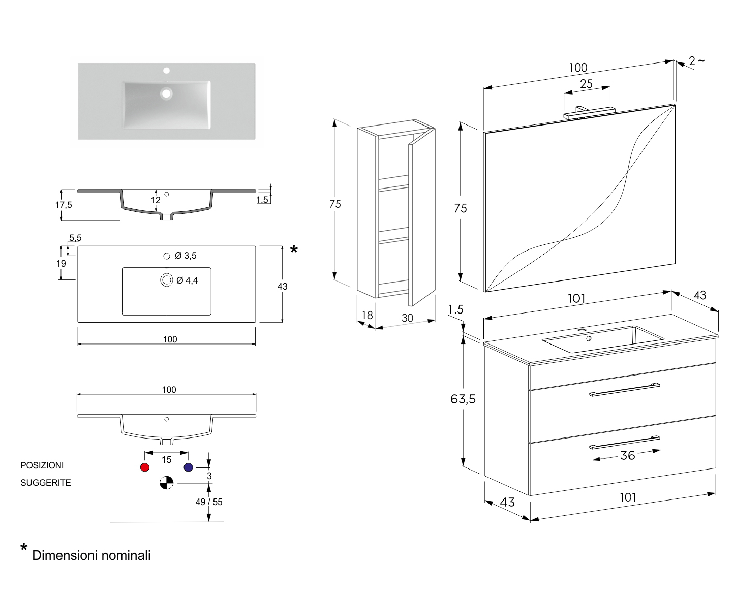 Mobile da bagno sospeso con lavabo integrato, Jog 4