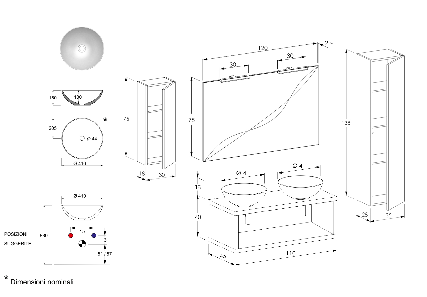 Mobile da bagno sospeso per doppio lavello Niagara 2
