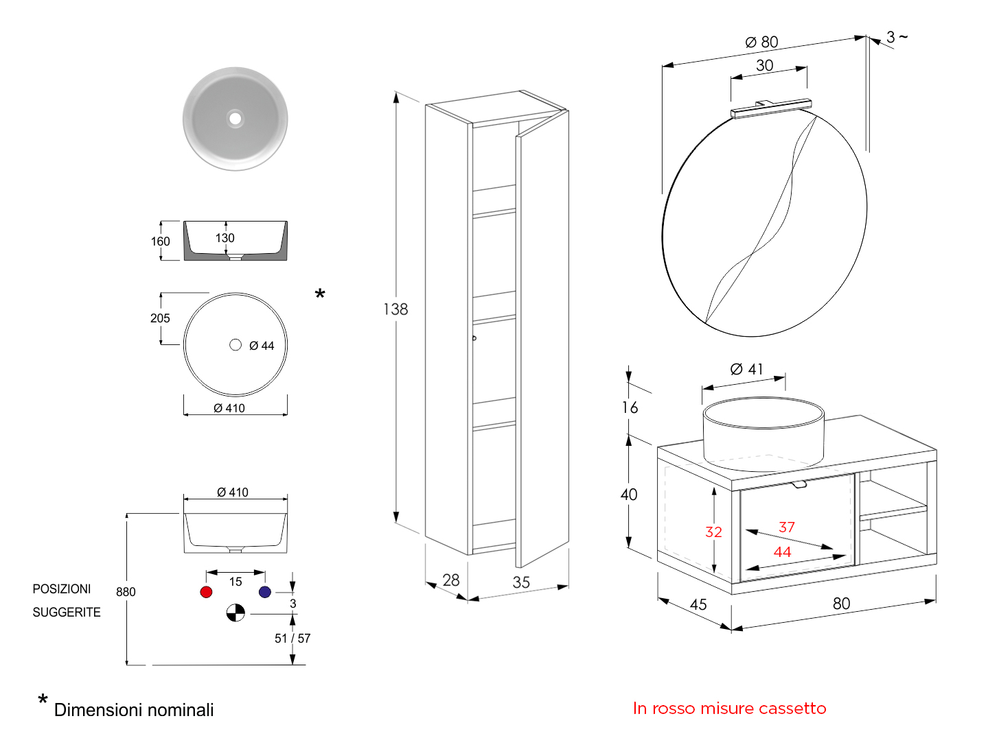 Mobiletto da bagno moderno con un cassetto in Cemento Grigio Cielo, Niagara 5