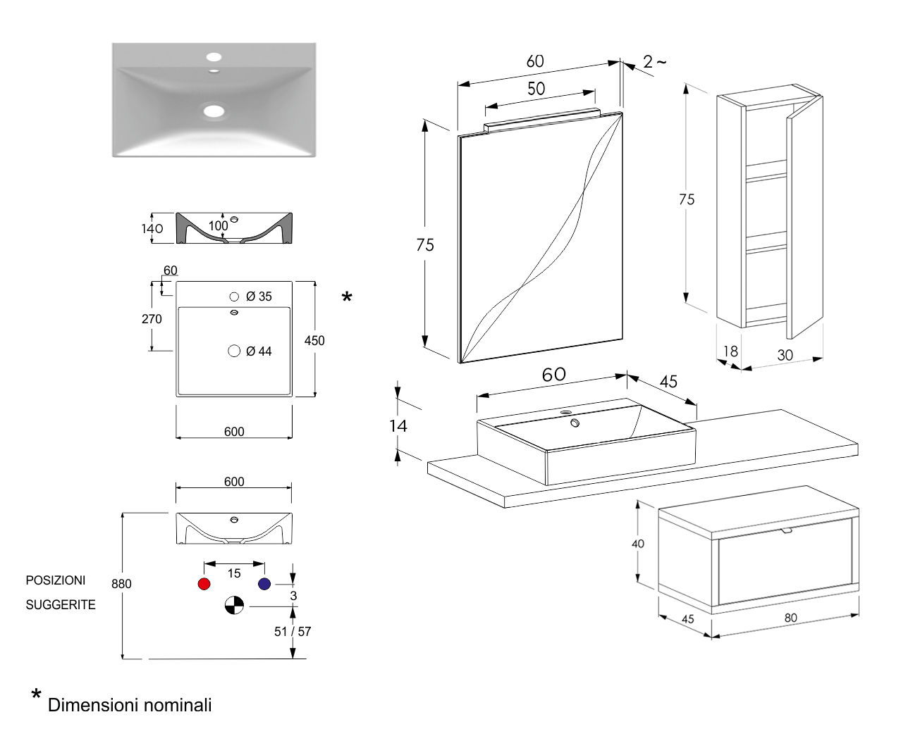 Mobile bagno moderno con piano e un cassetto, Niagara 6