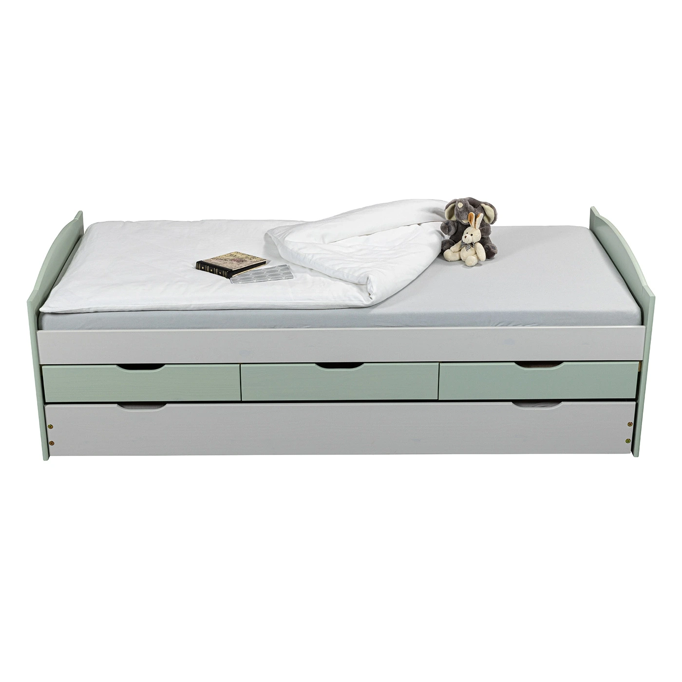 Divano letto con cassetti, secondo letto estraibile, Grigio chiaro e Salvia Zenzero Shop