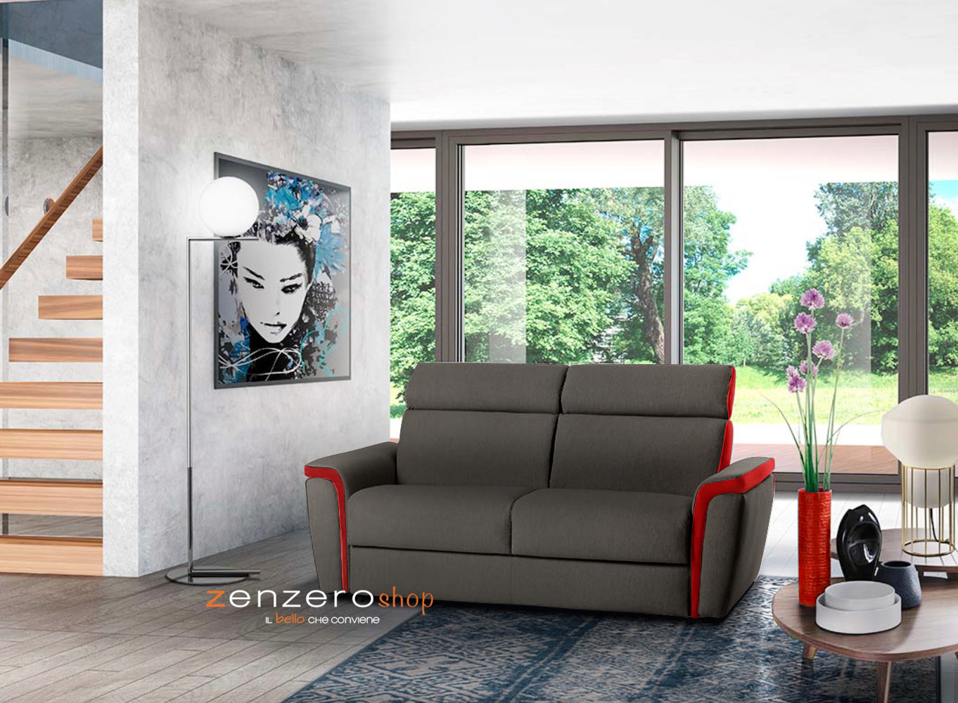 Divano moderno Cervino a 2 posti, con materasso compreso, made in Italy