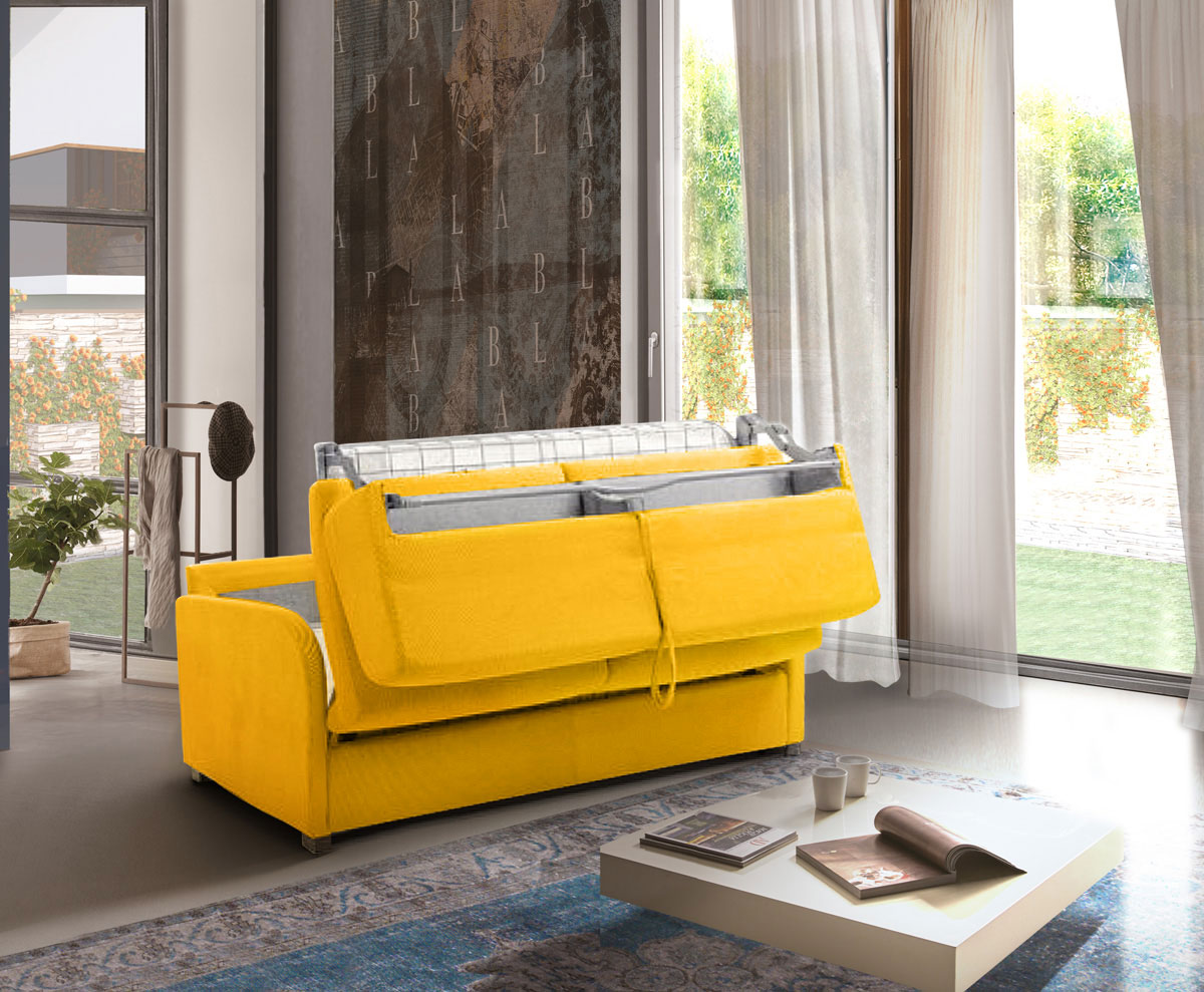 Divano letto moderno Charlie, 3 posti, finitura tessuto Cedro