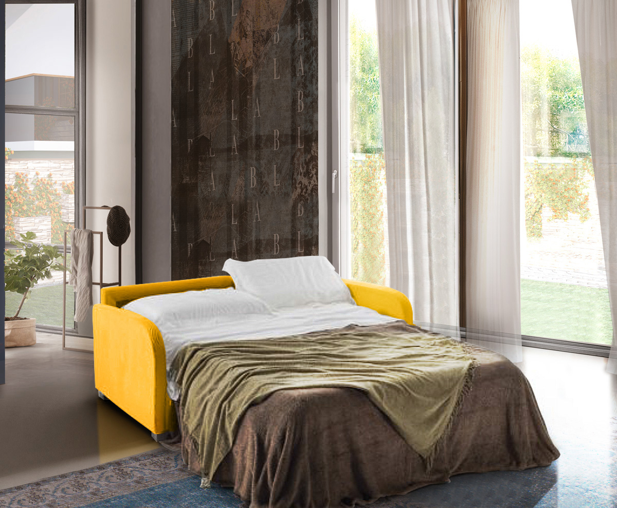 Divano letto moderno Charlie, 3 posti, finitura tessuto Cedro