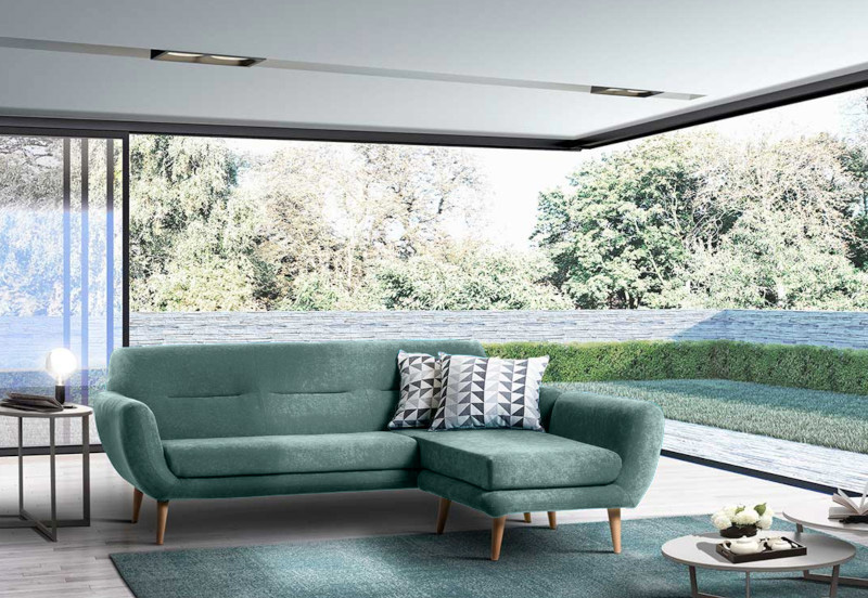 Divanetto moderno Manaslu con gambe in legno, 3 posti angolare