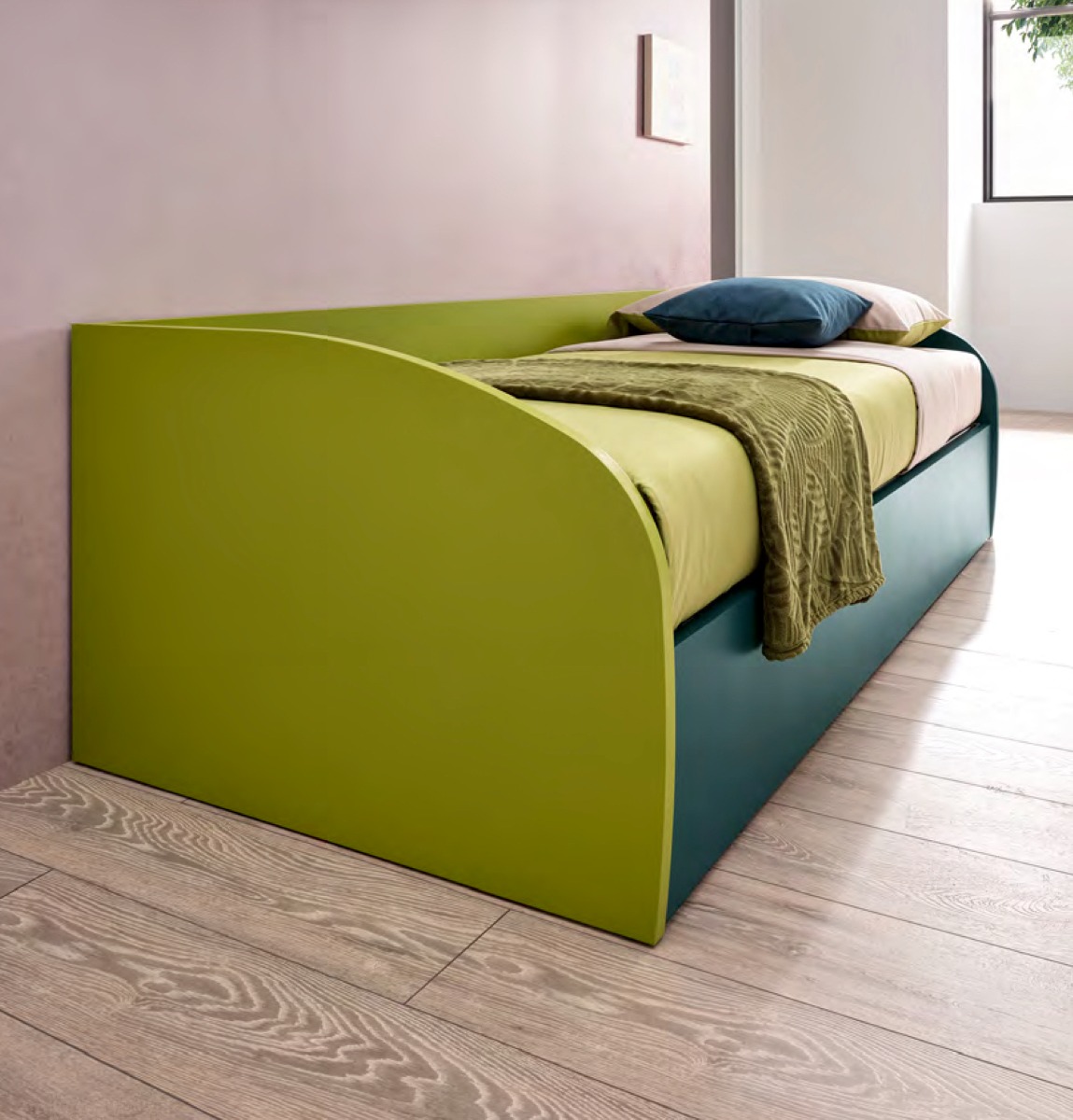 Divano letto Sail Moretti Compact con contenitore, Pavone e Oliva