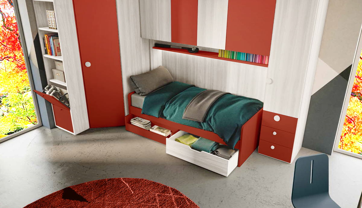 Divano letto con cassettoni libreria in Bianco altea e Corallo