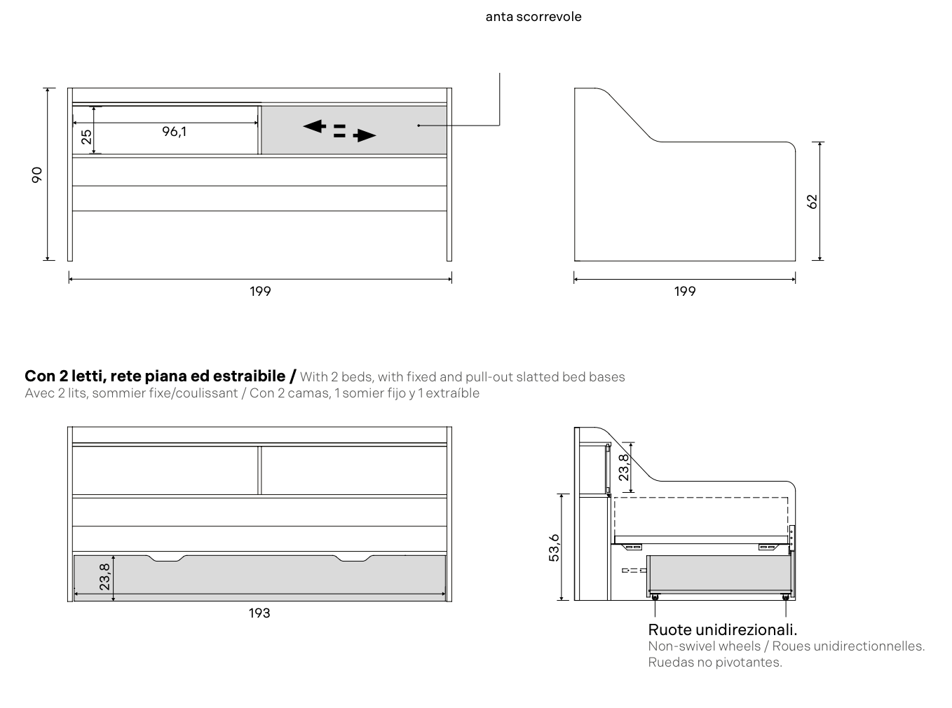 Divano letto con secondo estraibile, Rovere nordico e Agave, L.199