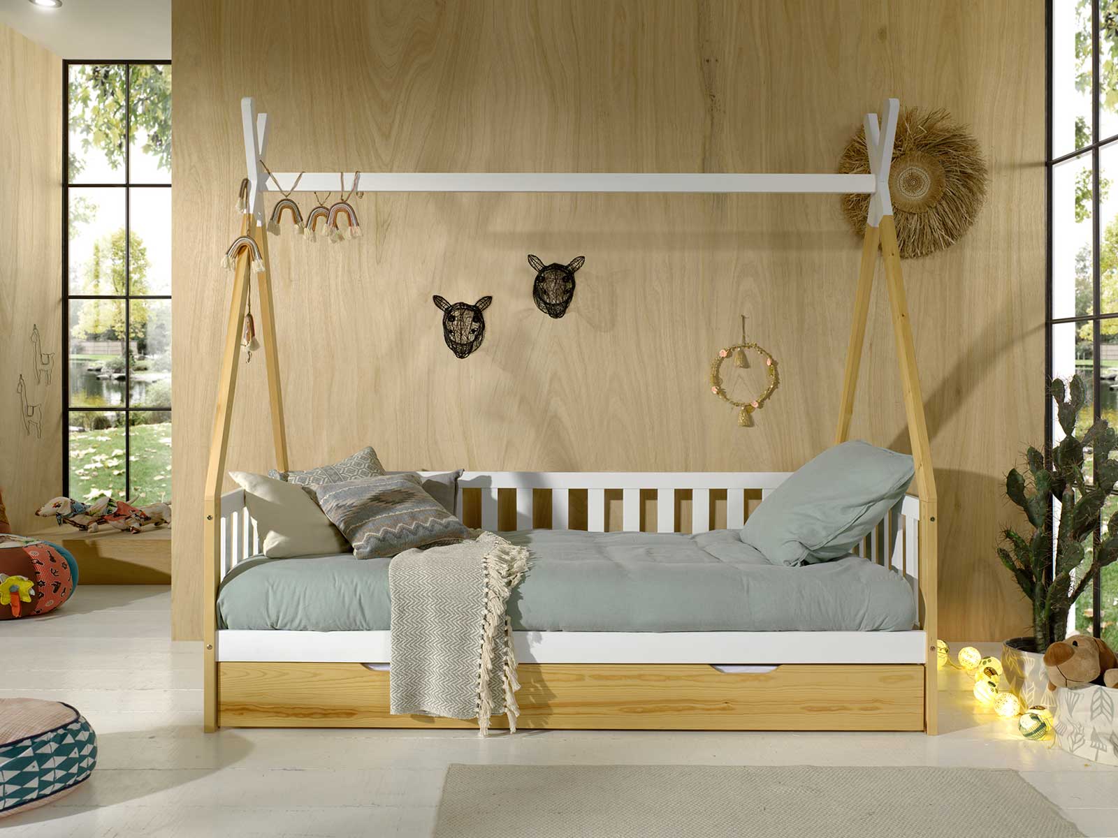 Divano letto  montessoriano per camerette in Pino naturale e Bianco laccato