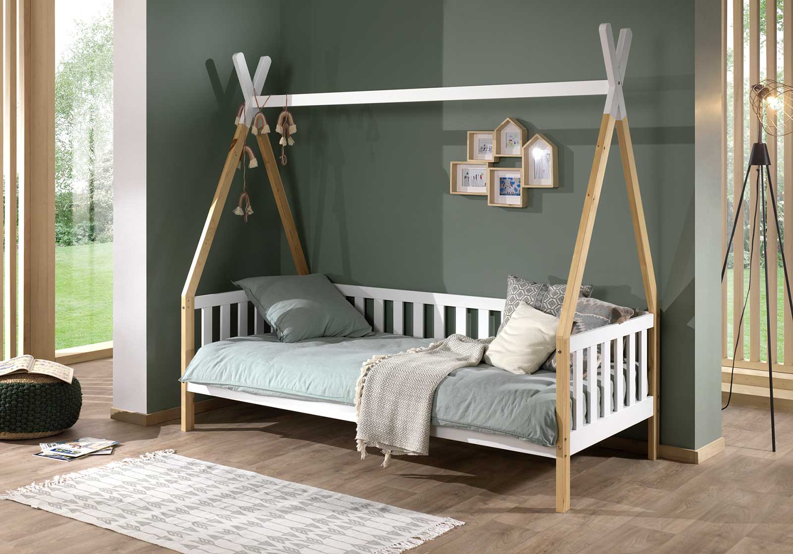 Divano letto  montessoriano per camerette in Pino naturale e Bianco laccato