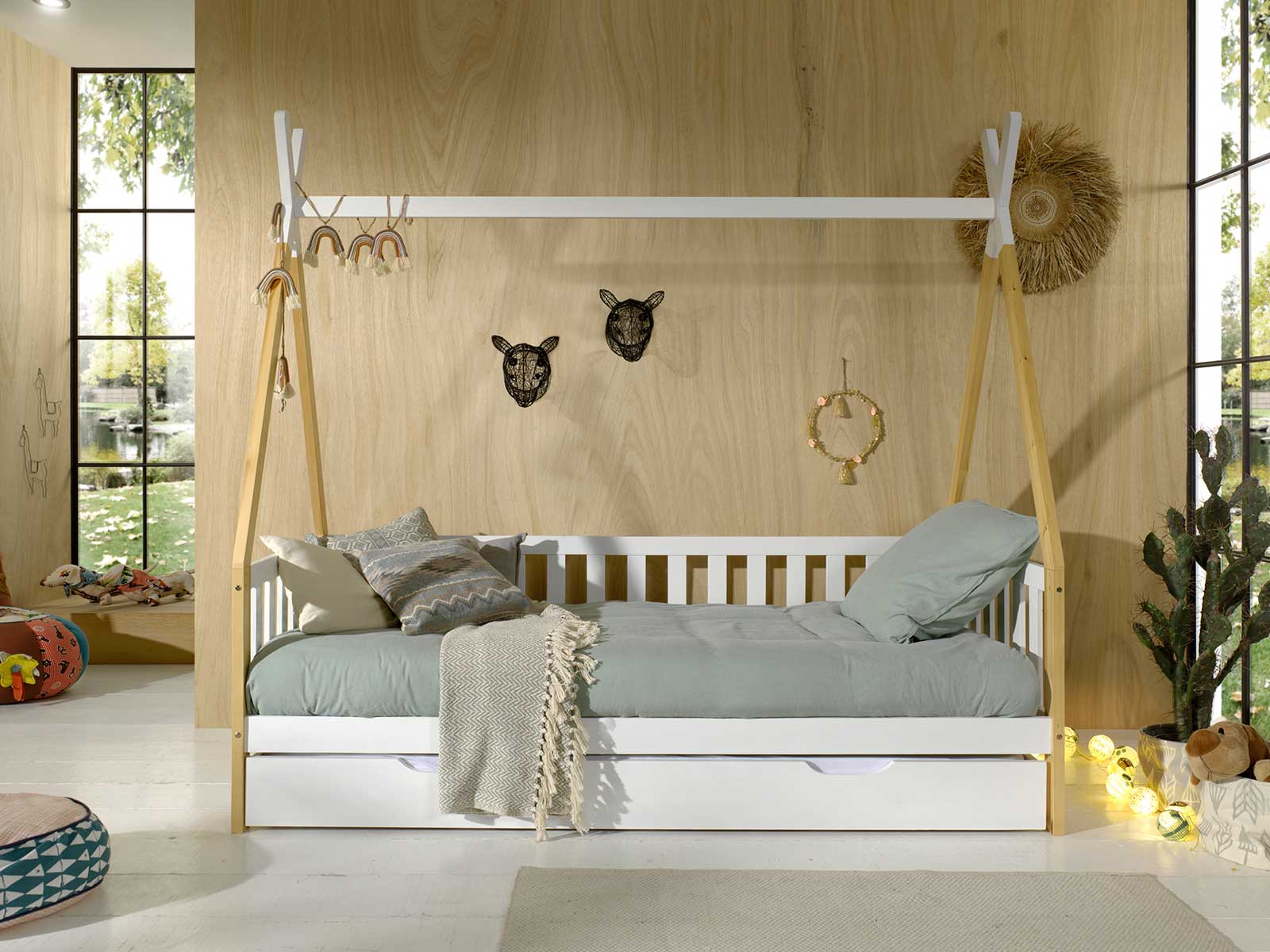 Divano letto  montessoriano per camerette in Pino naturale e Bianco laccato