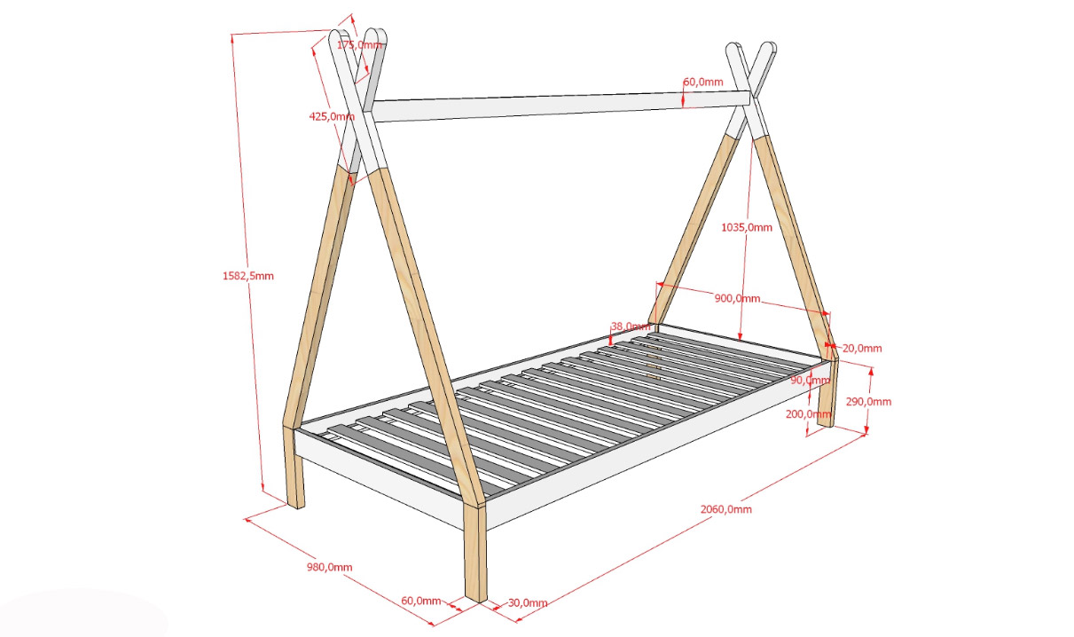 Letto singolo montessoriano per camerette, design tenda indiana, Pino naturale e Bianco laccato