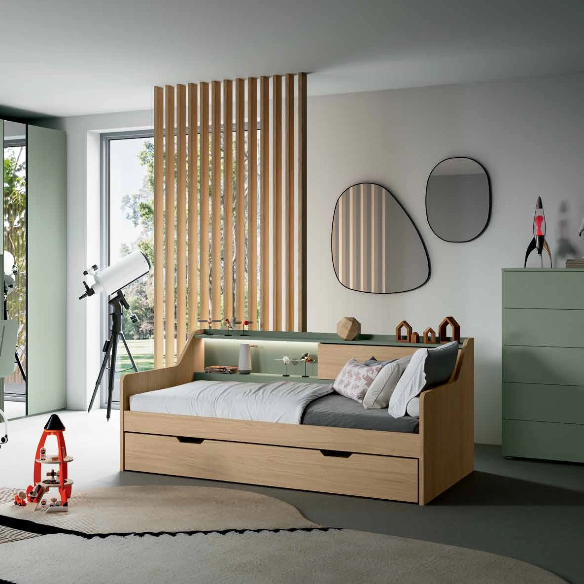 Divano letto con secondo estraibile, Rovere nordico e Agave, L.199