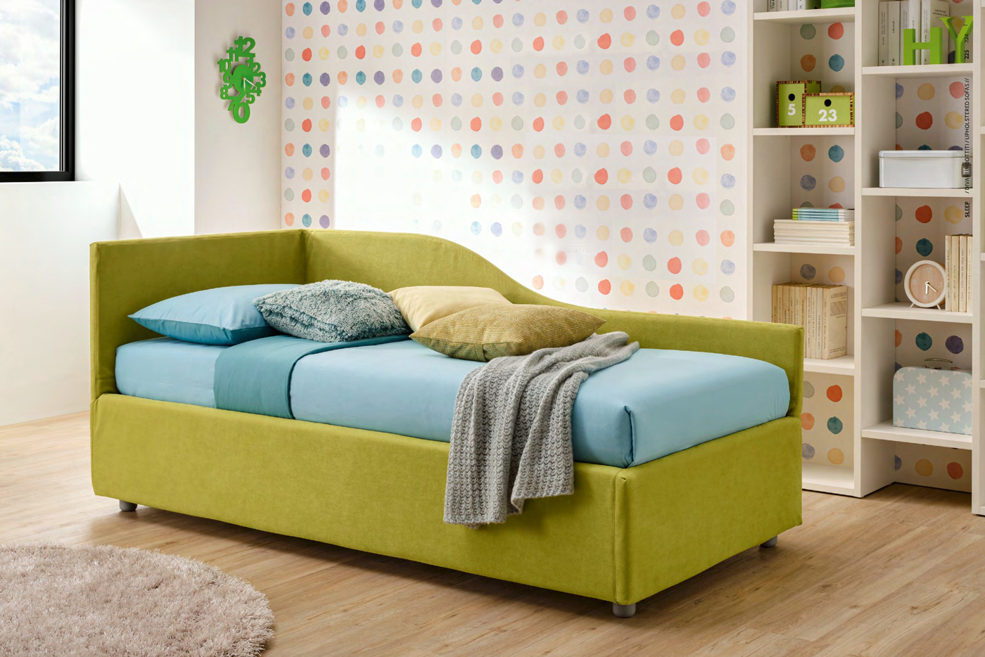 Divano letto Wave Moretti Compact con contenitore, tessuto Pistacchio