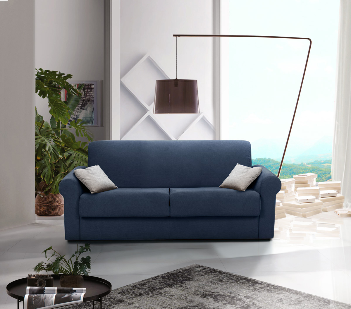 Divano letto sfoderabile Oliver, finitura tessuto Oltremare