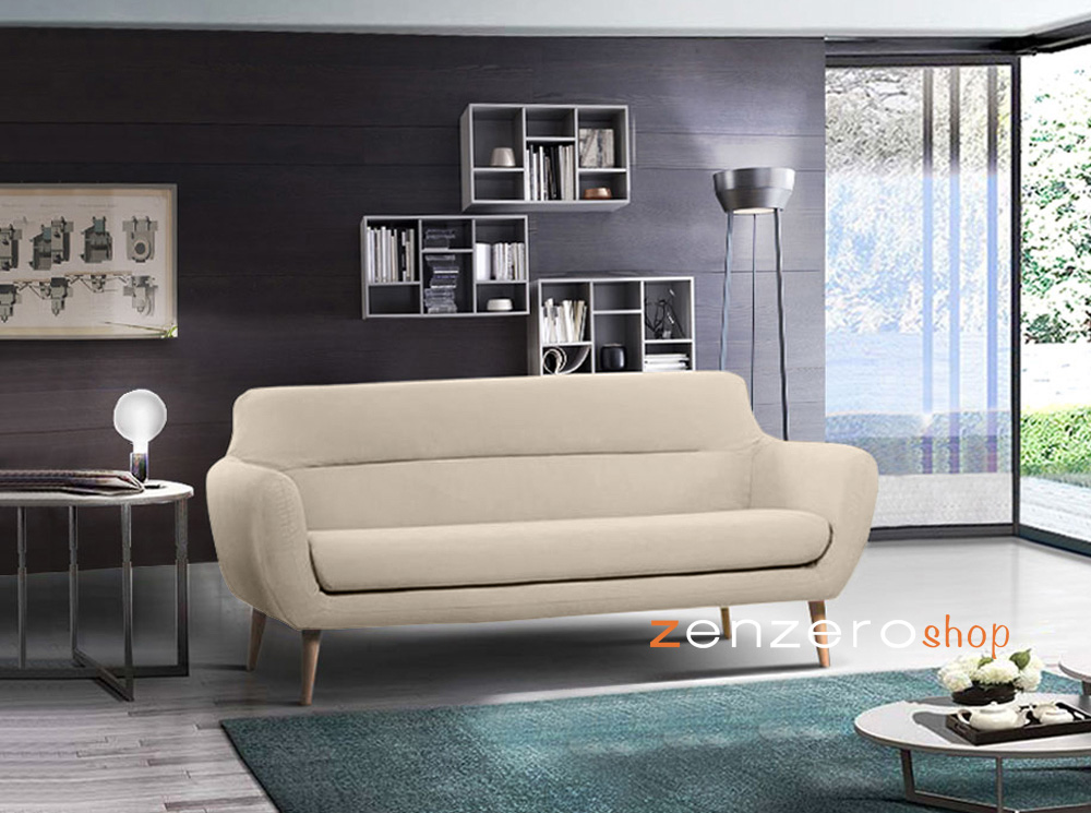 Divano moderno Eiger con gambe in legno, 3 posti, finitura Avorio