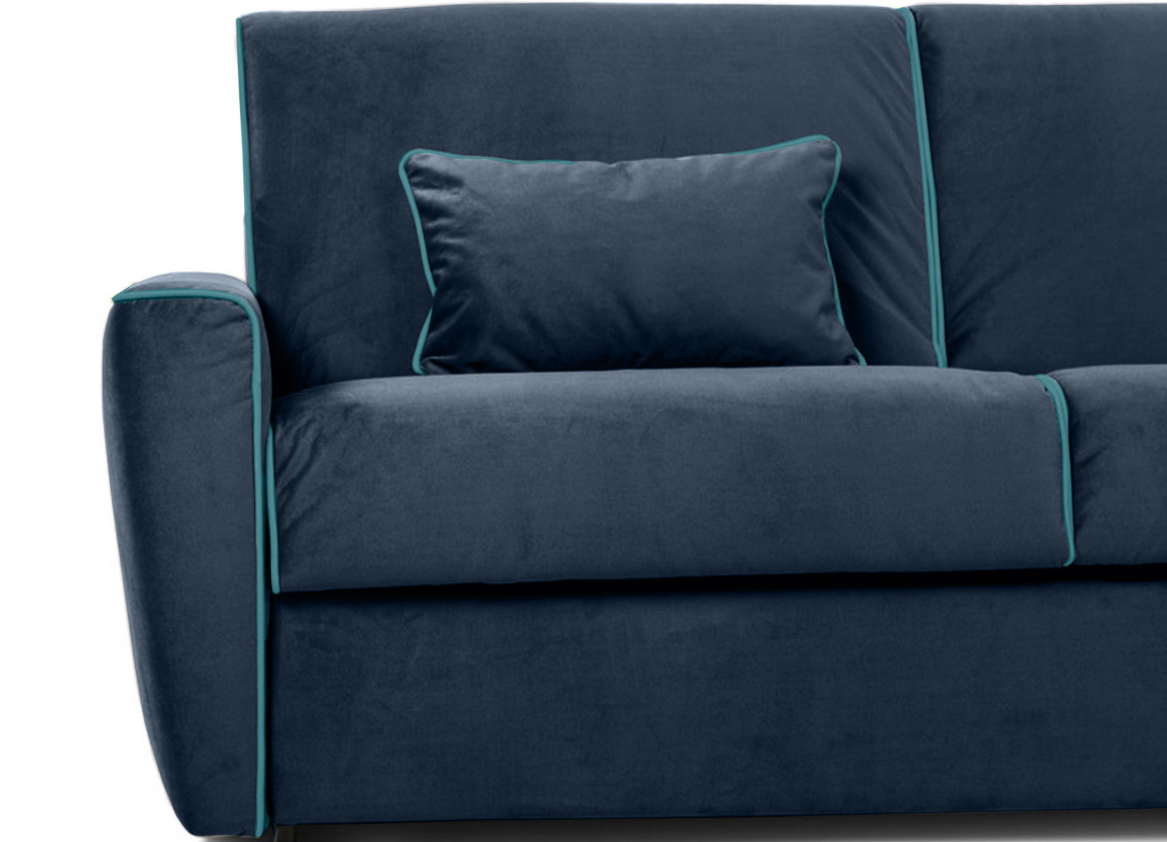 Divano letto Everest a 3 posti, in tessuto sfoderabile, colore Blu notte con filetto color Turchese