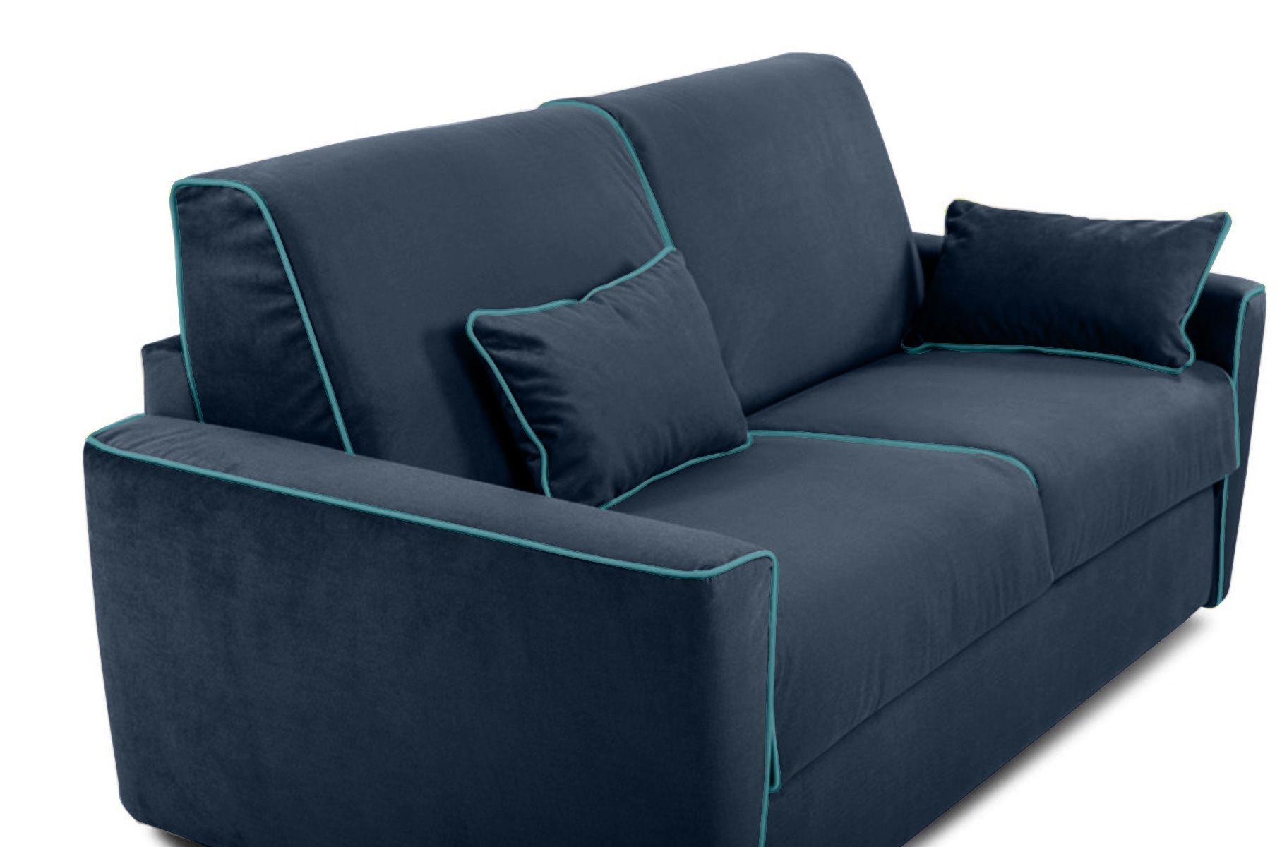 Divano letto Everest a 3 posti, in tessuto sfoderabile, colore Blu notte con filetto color Turchese
