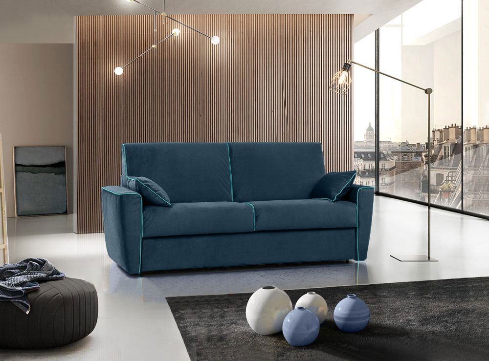 Divano letto Everest a 3 posti, in tessuto sfoderabile, colore Blu notte con filetto color Turchese