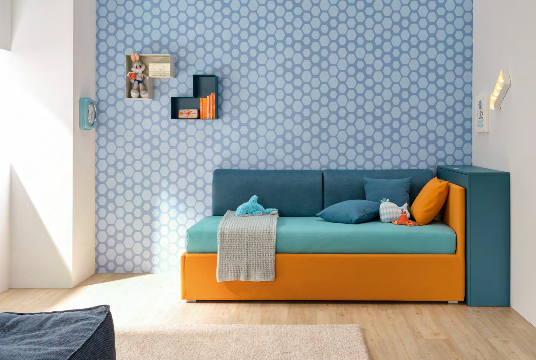 Divano letto imbottito Delta Moretti Compact, tessuto Mango