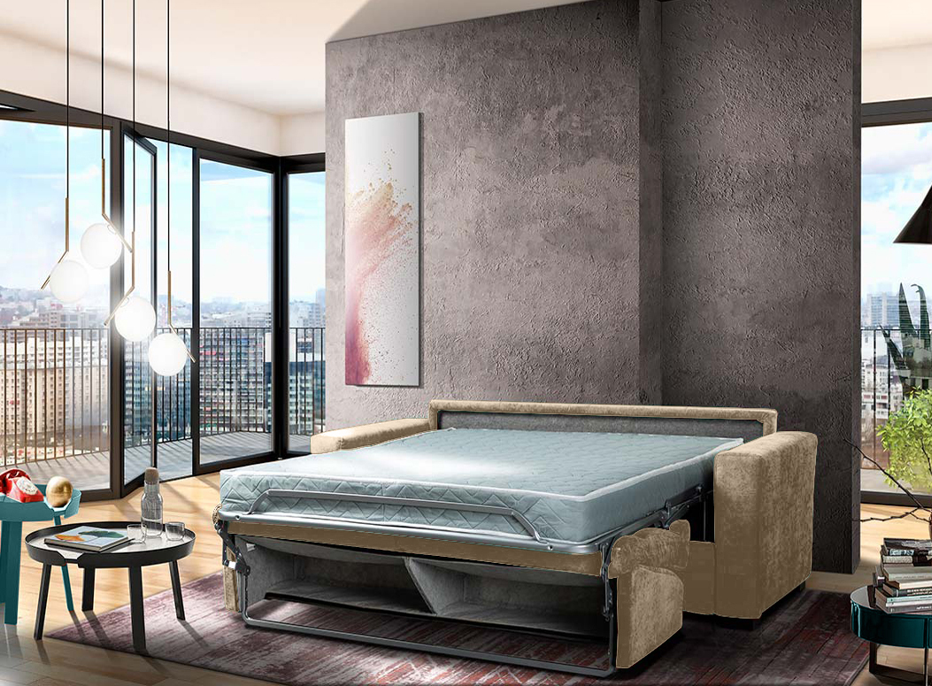 Moderno divano letto 2 posti, tessuto Paglia sfoderabile