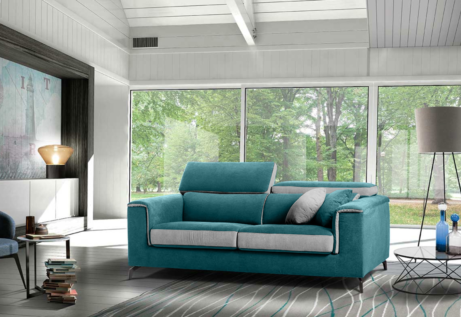 Divano Makalu, 3 posti, colore verde smeraldo e grigio, made in Italy