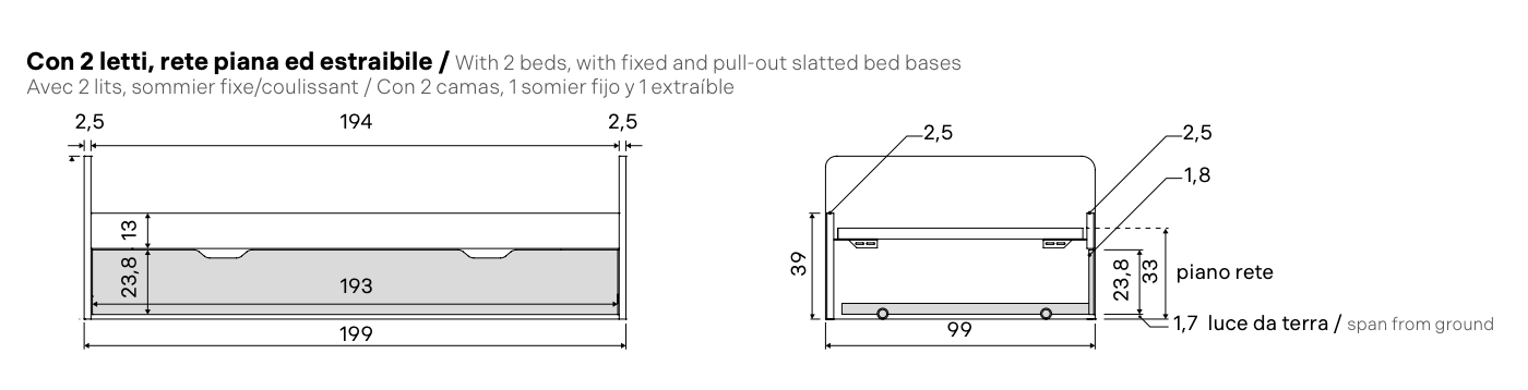 Divano letto con secondo estraibile, Rovere nordico e Agave, L.199